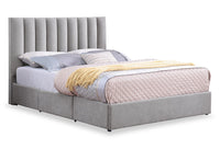 Amos Upholstered Storage Bed in Grey Fabric with Channelled Headboard & 3 Built-in Drawers - Queen Size 