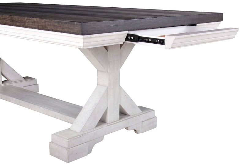 Willow Dining Table with Trestle Base, 84-106\"W Extension - Rustic White & Brown