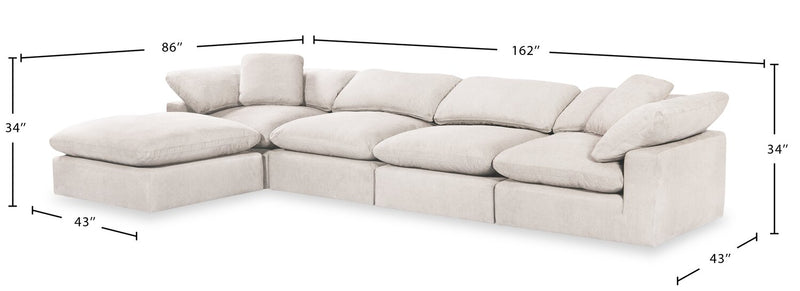 Eclipse Modular 5-Piece Linen-Look Fabric Sectional with Ottoman and Reversible Feather Down Cushions - Linen White
