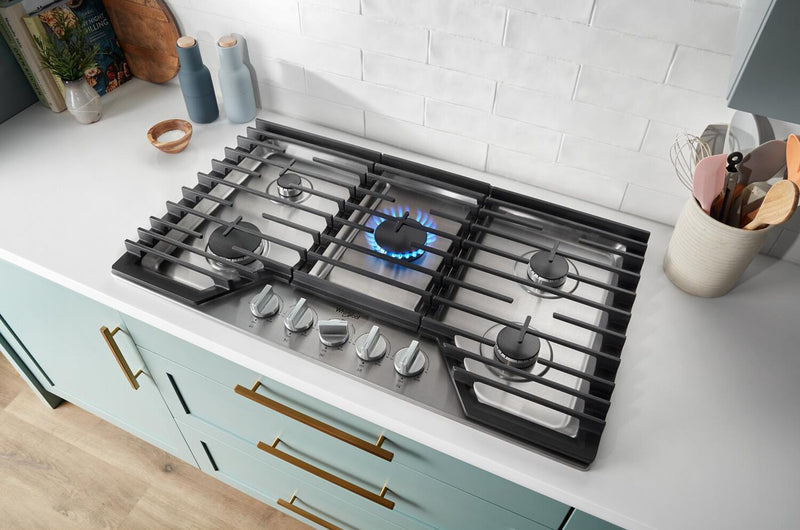 Whirlpool 36\" Gas Cooktop with Fifth Burner and EZ-2-Lift™ Hinged Cast-Iron Grates - WCGK7036PS