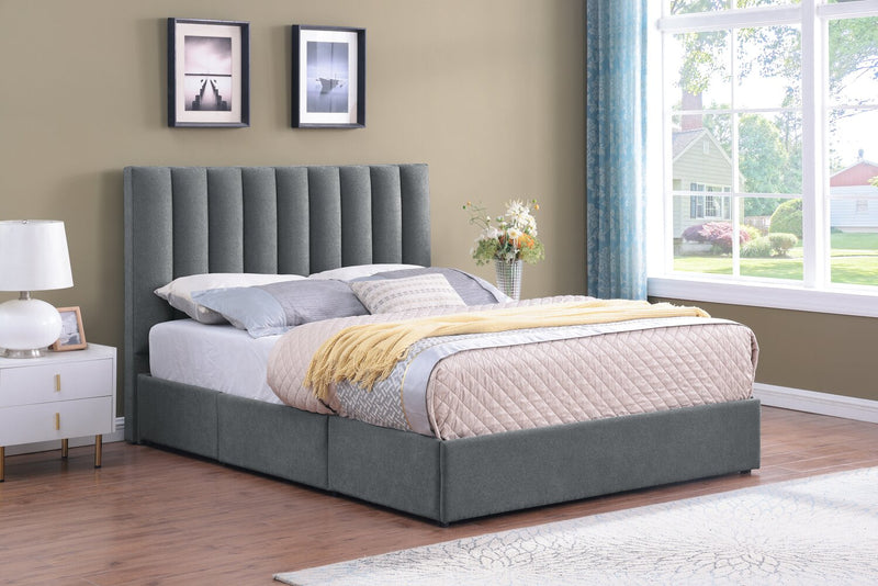 Amos Upholstered Storage Bed in Charcoal Fabric with Channelled Headboard & 3 Built-in Drawers - King Size
