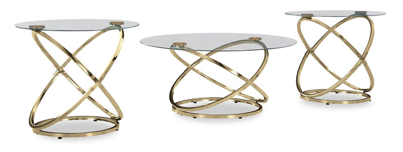 Joyce 38\" Glam Round 3-Pack Coffee + 2 End Tables - Gold Metal Base with Glass Top