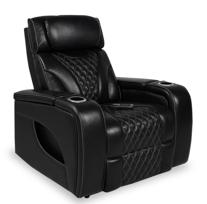 Elite 38\" Genuine Leather Massage Power Reclining Chair with Power Headrest and Storage Armrests - Black