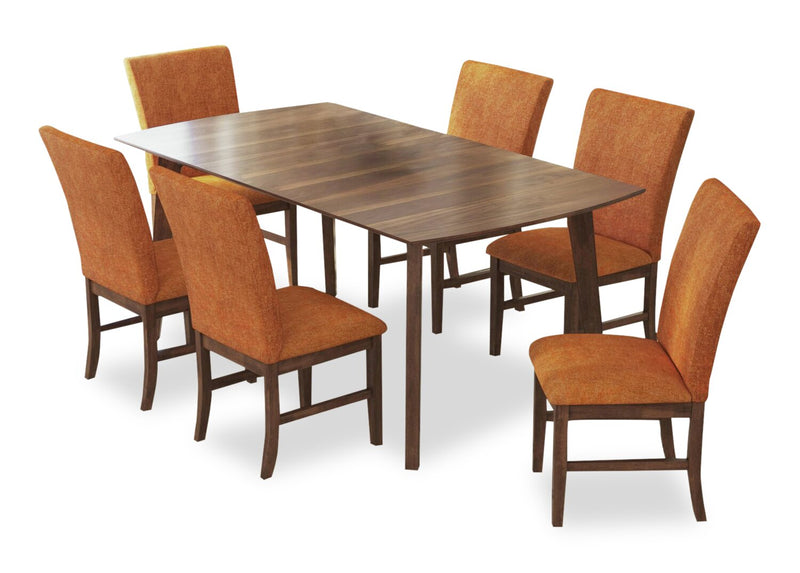 Rain 7pc Dining Set with Table & 6 Orange Chairs, 72\"W - Orange/Brown
