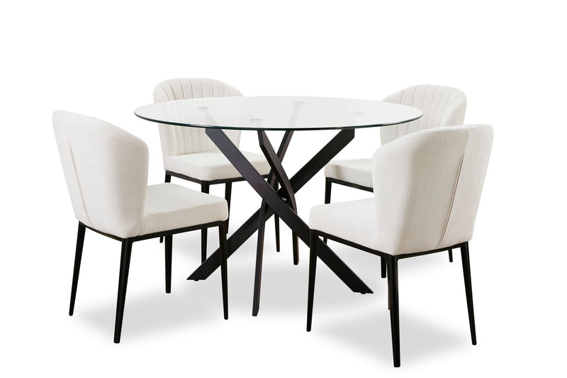 Zoe 5pc Dining Set with Table & 4 Chairs, Glass Top, Metal Geometric Base, 47\"W Round - Black & Ivory