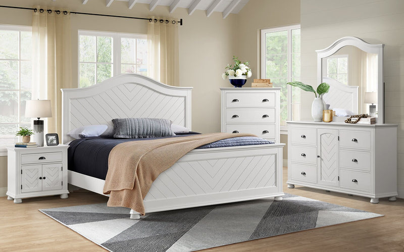 Ella Panel Bed with Headboard & Frame, Chevron Pattern, White - King Size