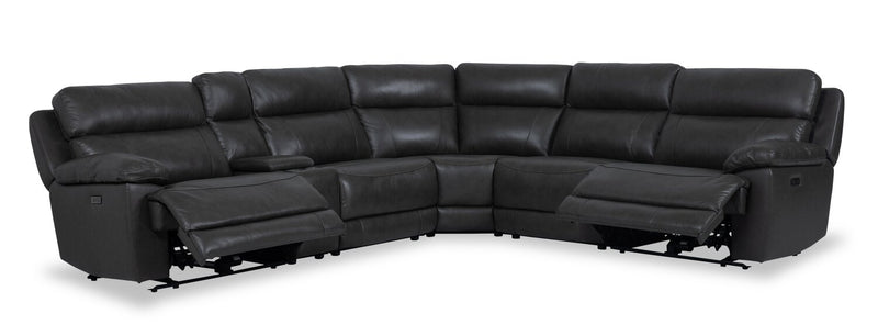 Sorrento 6-Piece Genuine Leather Power Reclining Sectional with Storage Console and USB Port - Charcoal Grey