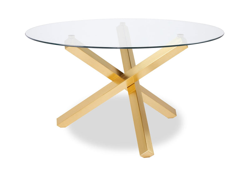 Gem Dining Table with Glass Top, Metal Geometric Base, 55\"W Round - Gold