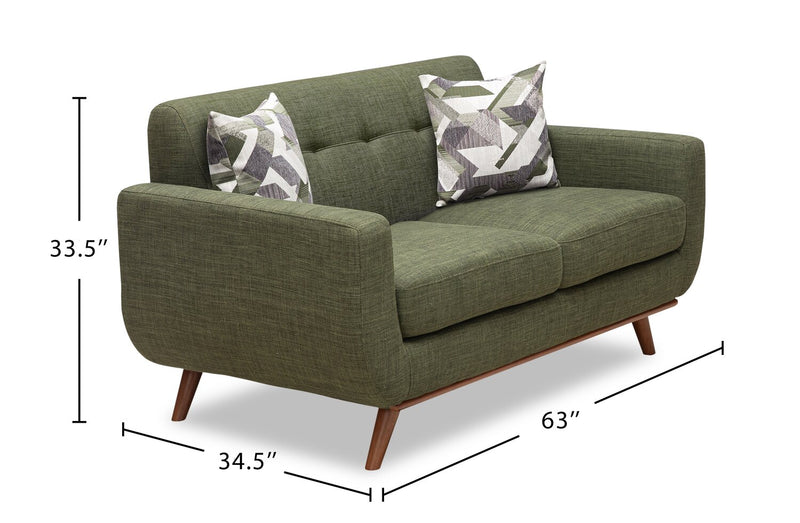 Kort & Co. Freeman 63\" Linen-Look Fabric Loveseat with Wood Legs and Tufted Back Cushions - Avocado Green