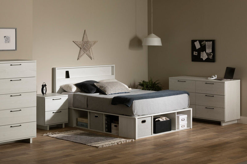 Everley Platform Bed Set with Panel Headboard, Built-in Storage & Baskets, White - Full Size