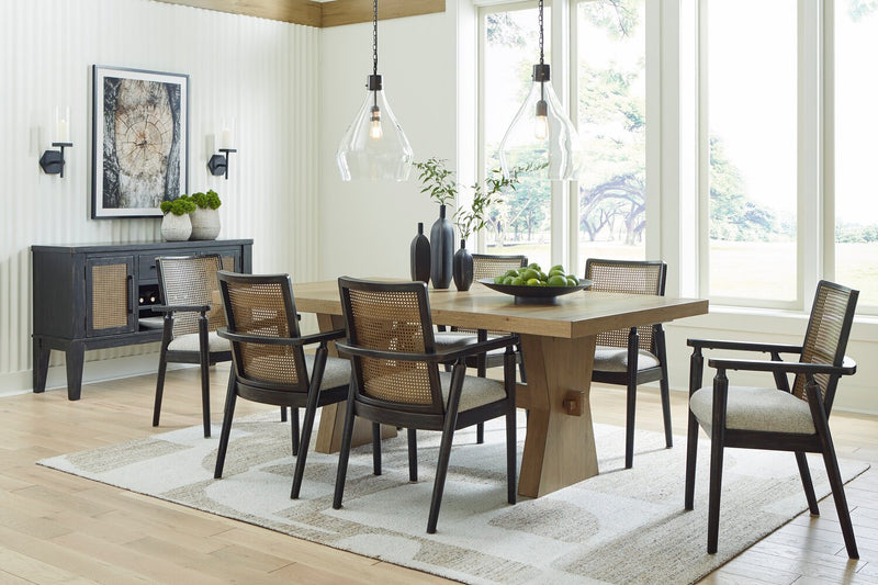 Shaw Dining Arm Chair with Polyester Fabric, Cane-Look Woven Back - Black