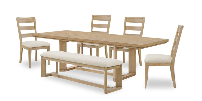 Aspen 6pc Dining Package with 80-104\"Extension Table, Bench & 4 Chairs, Fabric - Natural