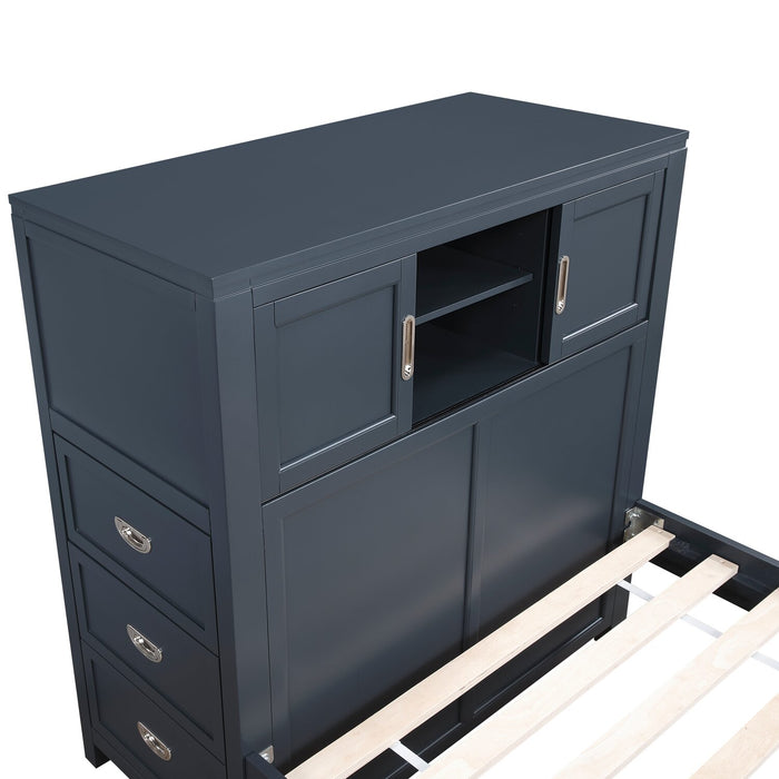 Quinn Platform Bed with Bookcase Headboard, Built-in Desk & Stool, Blue - Twin Size
