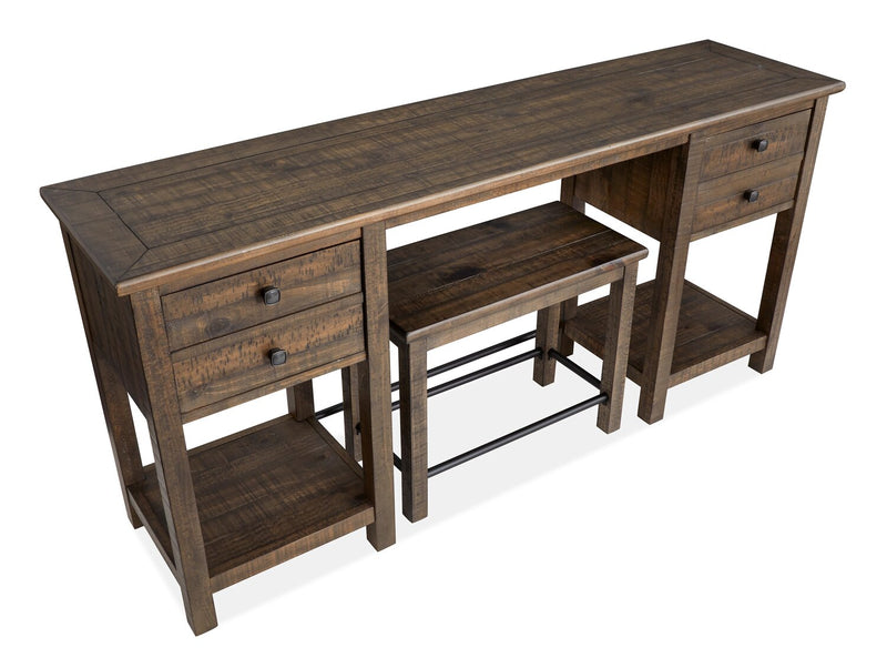 Edwin 64” Country Pine Sofa Table with Storage and Stool - Homestead Brown