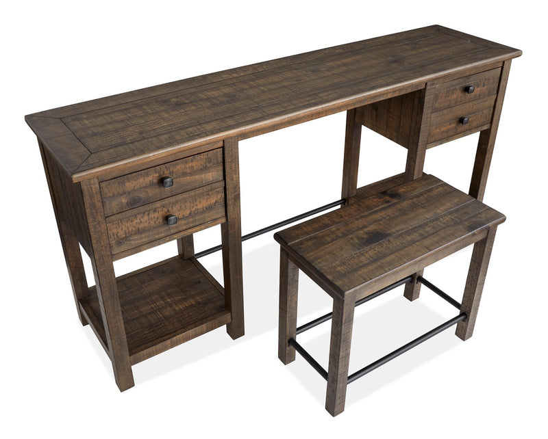 Edwin 64” Country Pine Sofa Table with Storage and Stool - Homestead Brown