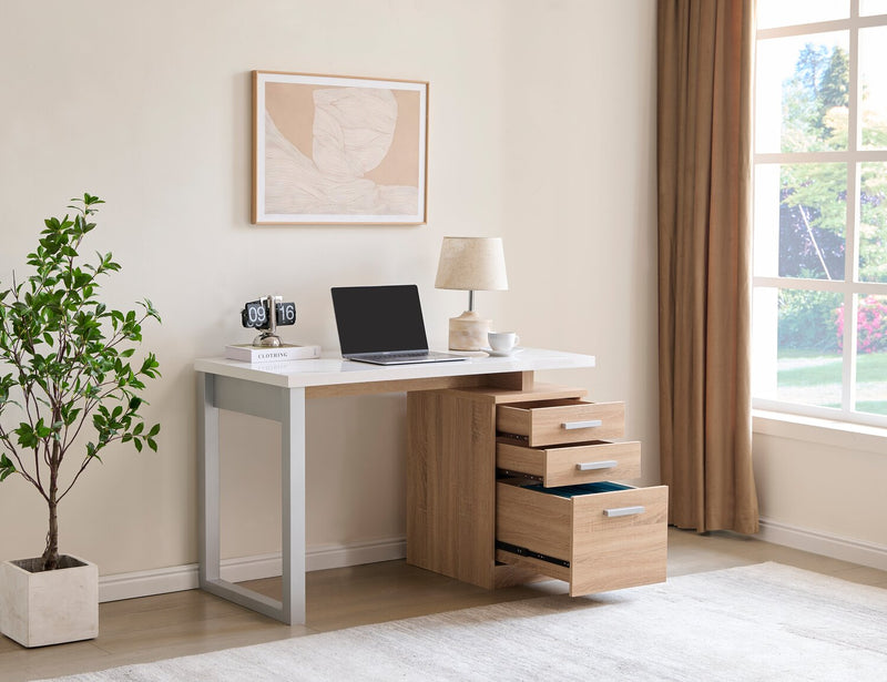 Oscar 47\" Reversible Office Desk with Storage – Faux White Marble and Weathered White