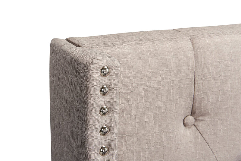 Brady Upholstered Wingback Bed in Light Grey Fabric with Nailhead Design, Button Tufted - King Size