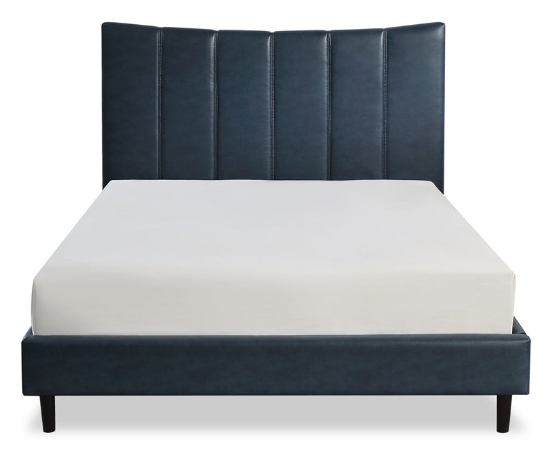 Paseo Platform Bed in Navy Vegan-Leather Fabric - Queen Size 