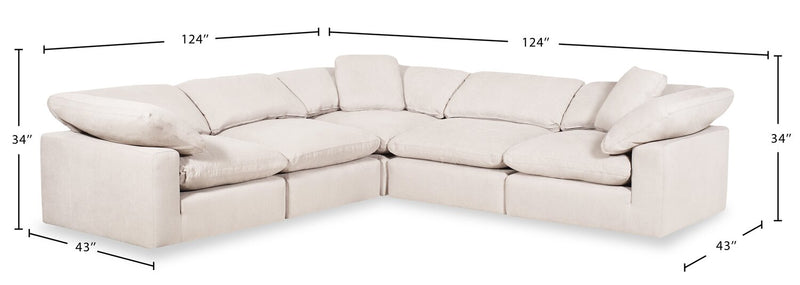 Eclipse Modular 5-Piece Linen-Look Fabric Sectional with Reversible Feather Down Cushions - Linen White