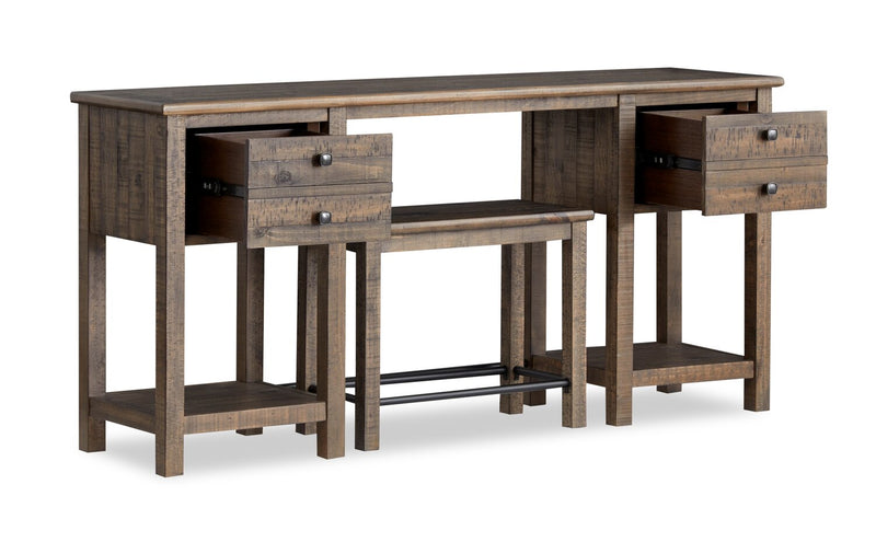 Edwin 64” Country Pine Sofa Table with Storage and Stool - Homestead Brown