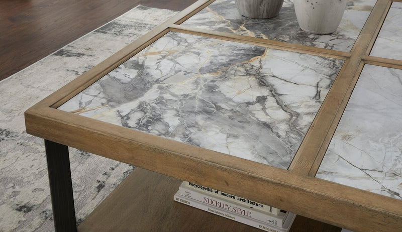 Marina 48” Contemporary Coffee Table with Stone Tiles, Shelf and Casters - Natural