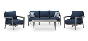 Barrie 4-Piece Outdoor Patio Set with Sofa, 2 Chairs and Table - Aluminum, UV & Weather Resistant  - Blue & Grey