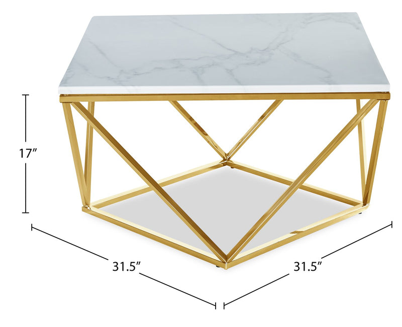 Amanda 31.5\" Modern Square Coffee Table - White Marble Top with Gold Metal Base
