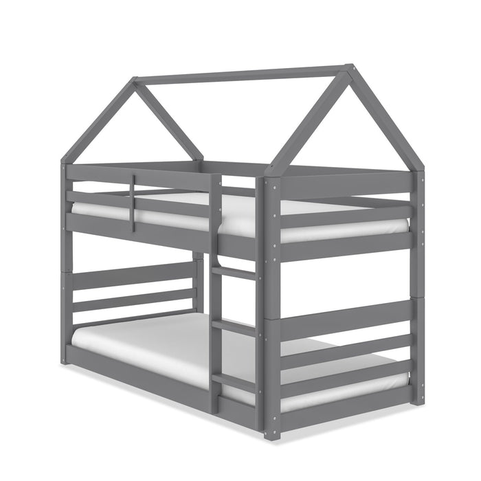 Gemma Twin Over Twin House Bunk Bed with Roof, Built-in Ladder & Guardrails for Kids - Grey