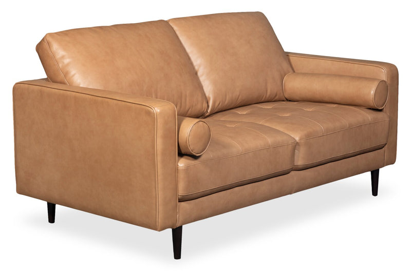 Edge 70\" Genuine Leather Loveseat with Wood Legs and Removable Back Cushions - Brown