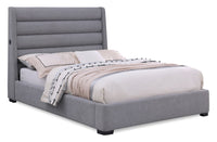 Jade Upholstered Platform Bed with USB Ports in Grey Fabric - King Size 