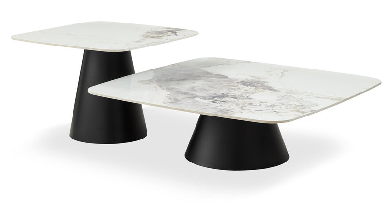 Hazel 39.5” Modern 2-Pack White Sintered Stone Top Coffee + End Table - Black and White