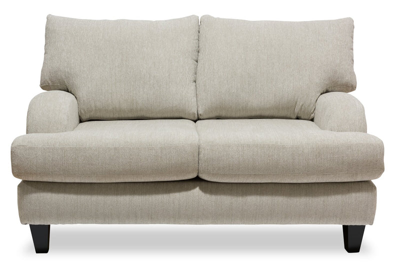 Made in Canada Nofia 58\" Chenille Fabric Loveseat with Two Accent Pillows and Wood Legs - Linen Beige
