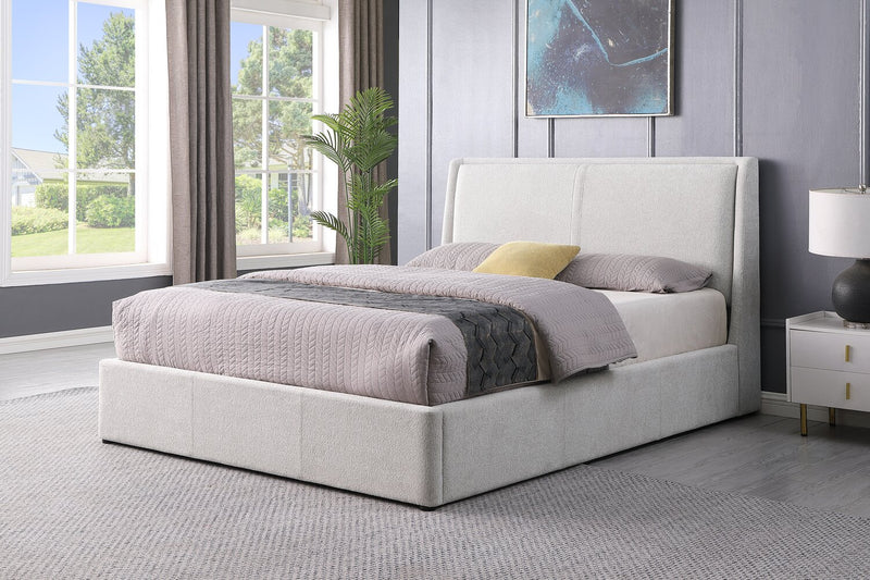 Nico Upholstered Storage Platform Bed in Polyester Taupe Fabric, Hyrdraulic Lift  - Queen Size