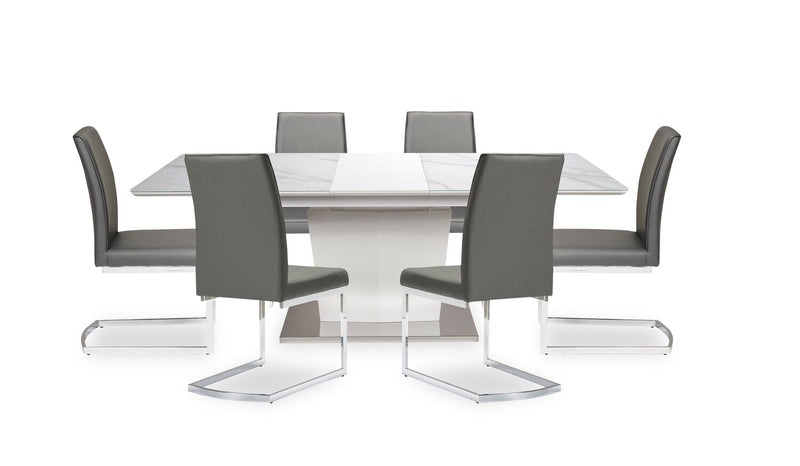Naya 7pc Dining Package with 63-78.75\"W Extension Table & 6 Chairs - Faux White Marble & Grey