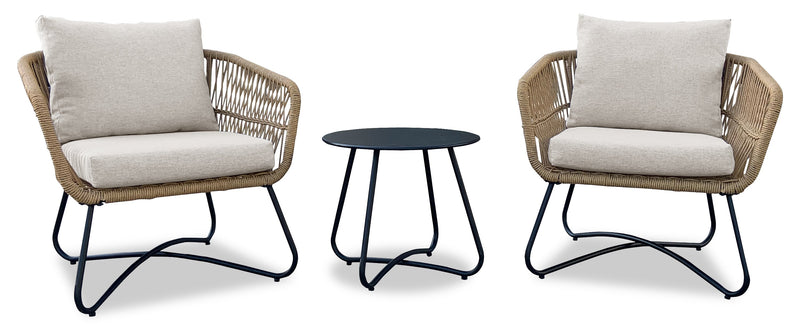 Sicily 3-Piece Outdoor Patio Conversation Set with 2 Chairs & Round Metal End Table - Resin Wicker, UV & Weather Resistant - Natural/Black