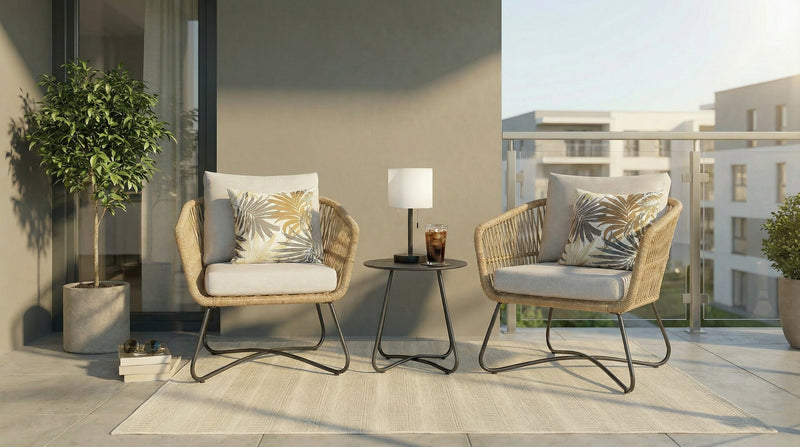 Sicily 3-Piece Outdoor Patio Conversation Set with 2 Chairs & Round Metal End Table - Resin Wicker, UV & Weather Resistant - Natural/Black