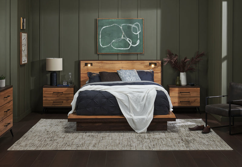 Silas Platform Bed with Headboard & Frame, LED, Rustic Brown - Queen Size