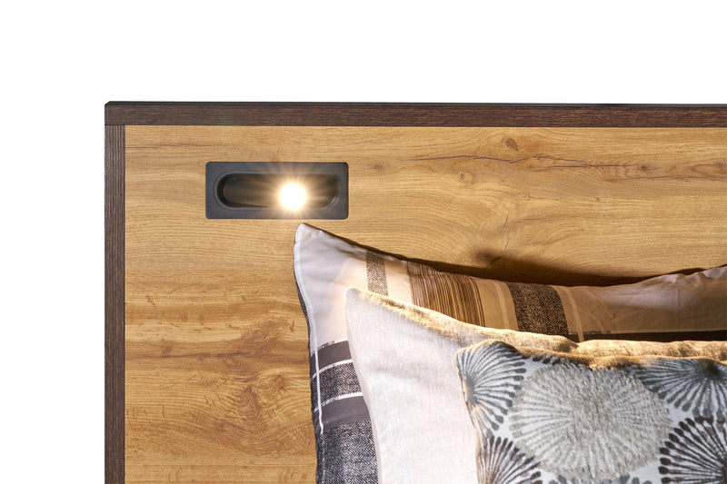 Silas Platform Bed with Headboard & Frame, LED, Rustic Brown - Queen Size