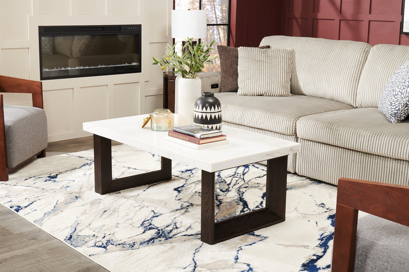 Silvia 48\" Modern Coffee Table - White and Grey Marble Look with Brown Wood Legs