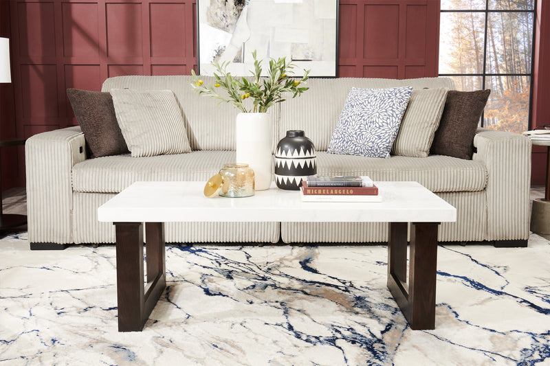 Silvia 48\" Modern Coffee Table - White and Grey Marble Look with Brown Wood Legs