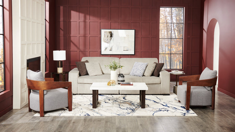 Silvia 48\" Modern Coffee Table - White and Grey Marble Look with Brown Wood Legs