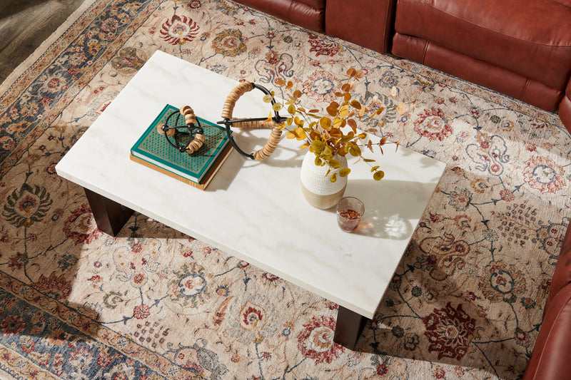 Silvia 48\" Modern Coffee Table - White and Grey Marble Look with Brown Wood Legs