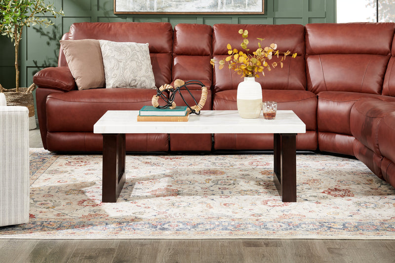 Silvia 48\" Modern Coffee Table - White and Grey Marble Look with Brown Wood Legs