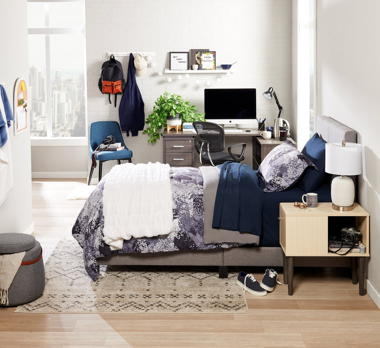 Tara Upholstered Bed in Grey Linen-Look Fabric, Button Tufted - Twin Size