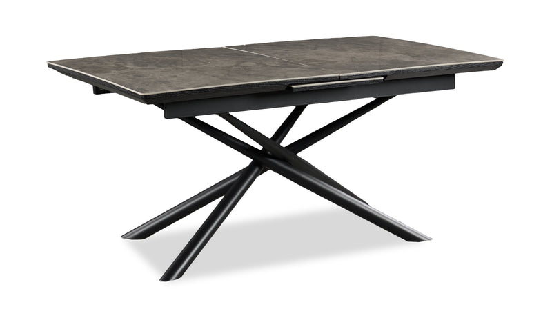 Tavo Dining Table with 63-79\"W Extension, Sintered Stone & Metal, Geometric Pedestal Base - Grey/Black