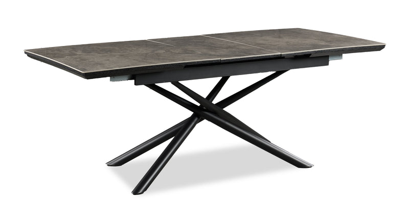 Tavo Dining Table with 63-79\"W Extension, Sintered Stone & Metal, Geometric Pedestal Base - Grey/Black