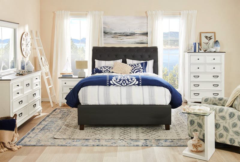 Tulsa Upholstered Platform Bed in Grey Vegan-Leather Fabric, Button Tufted - Full Size