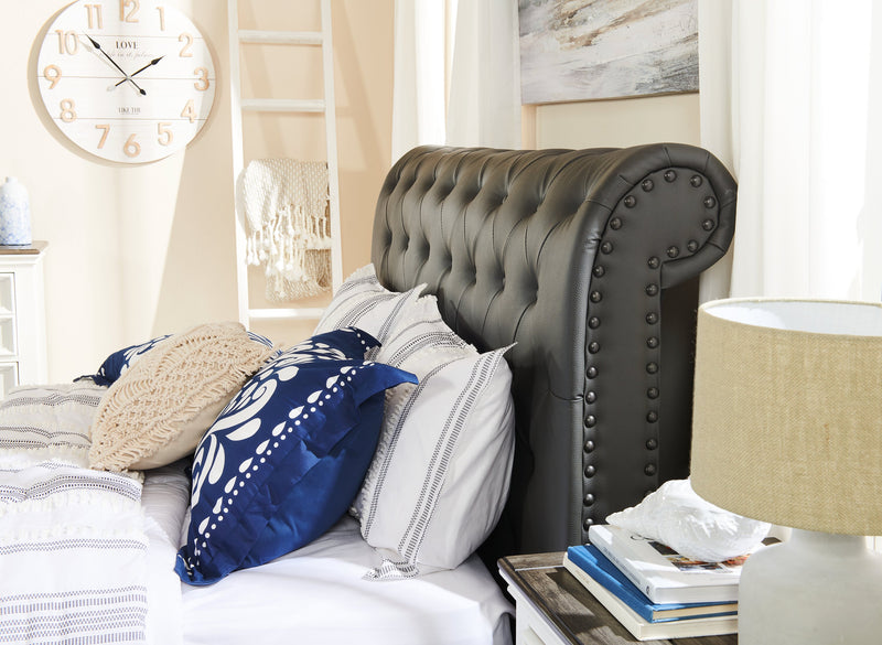 Tulsa Upholstered Platform Bed in Grey Vegan-Leather Fabric, Button Tufted - Full Size