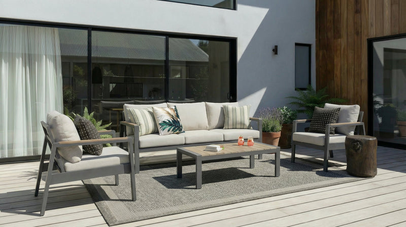 Tuscany  4-Piece Outdoor Patio Set with Sofa, 2 Chairs & Coffee Table - Metal, UV & Weather Resistant - Beige/Black