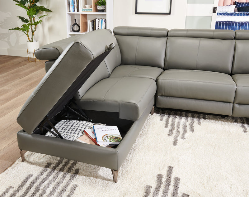 Valentino 3-Piece Left-Facing Genuine Leather Power Reclining Sectional with Adjustable Headrests - Grey